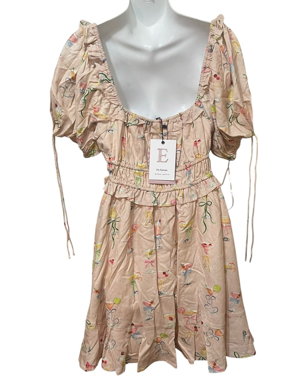 En Saison Anthea Jacklin Pink Puff Sleeve Linen Blend Babydoll Dress sz M NWT - Picture 3 of 11